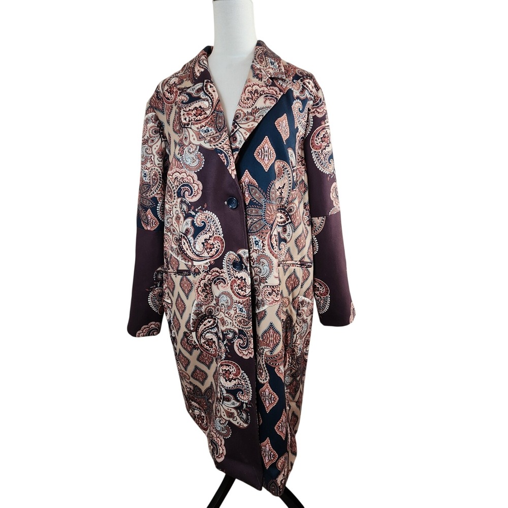 Chico's 4 Paisley Print Long Trench Coat Jacket XXL US 20/22 Burgundy Navy Tan